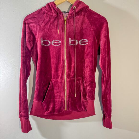Y2K Bebe Velour Rhinestone Zip-Up Hoodie | Maroon Track Jacket Bling XS - Picture 2 of 9